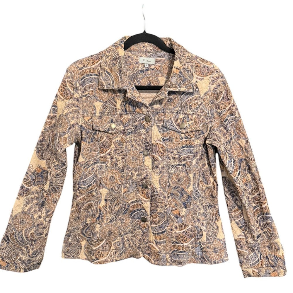 Analogy Womens Paisley Jacquard Button Front Trucker Jacket Blue Tan Size M
